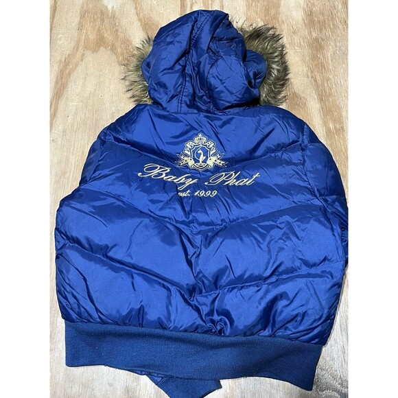 Vintage Baby Phat Puffer Down Jacket Fur Hood Blue Women Large Y2K Cat @Jrack